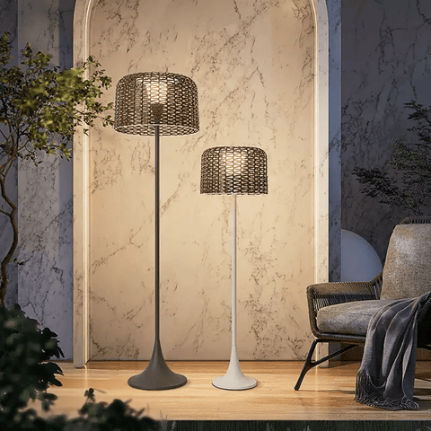 Floor Lamp with Woven Rattan Shade and Solar Outdoor Lighting