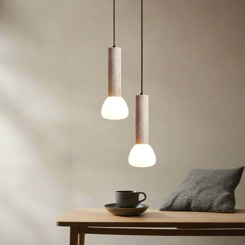 Pendant Light with Travertine Column and Glass Globe