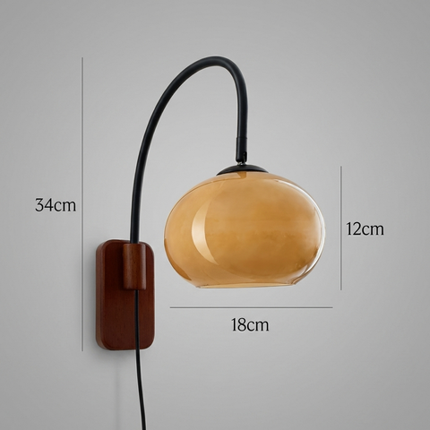 Wood and Glass Globe Wall Sconce with Curved Metal Arm for Bedside