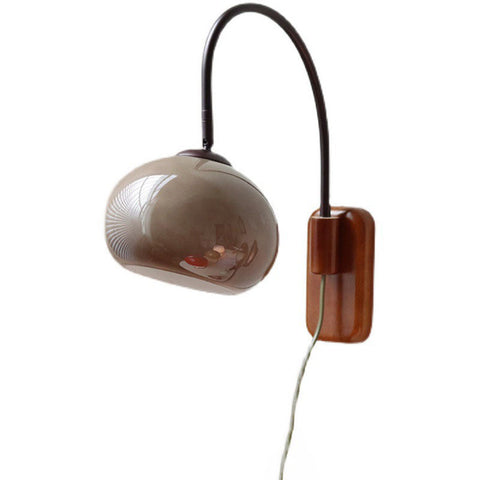 Wood and Glass Globe Wall Sconce with Curved Metal Arm for Bedside