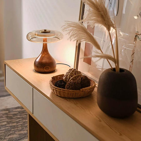 Wood Table Lamp with Circular Clear Shade — product view