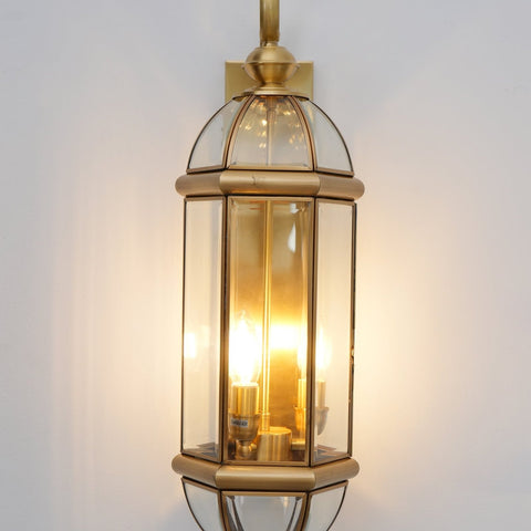Outdoor Wall Light with Brass Frame and Glass Lantern Cage