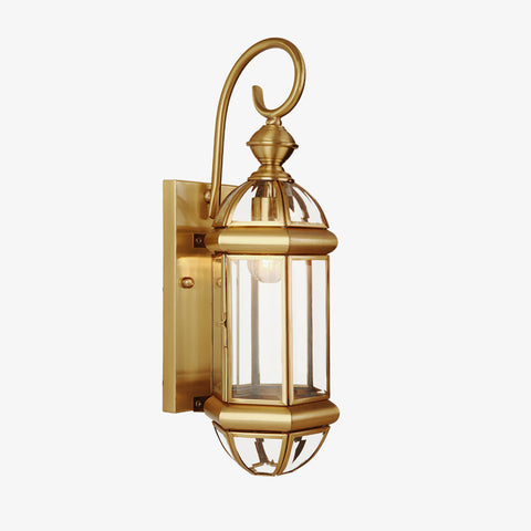 Outdoor Wall Light with Brass Frame and Glass Lantern Cage