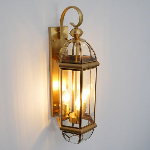 Outdoor Wall Light with Brass Frame and Glass Lantern Cage