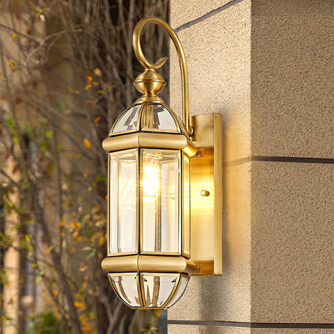 Outdoor Wall Light with Brass Frame and Glass Lantern Cage