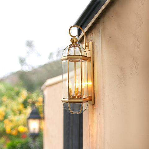 Outdoor Wall Light with Brass Frame and Glass Lantern Cage