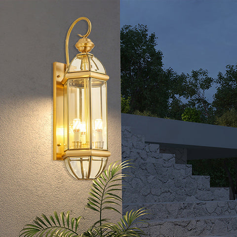 Outdoor Wall Light with Brass Frame and Glass Lantern Cage