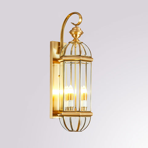 Outdoor Wall Light with Brass Frame and Glass Lantern Cage