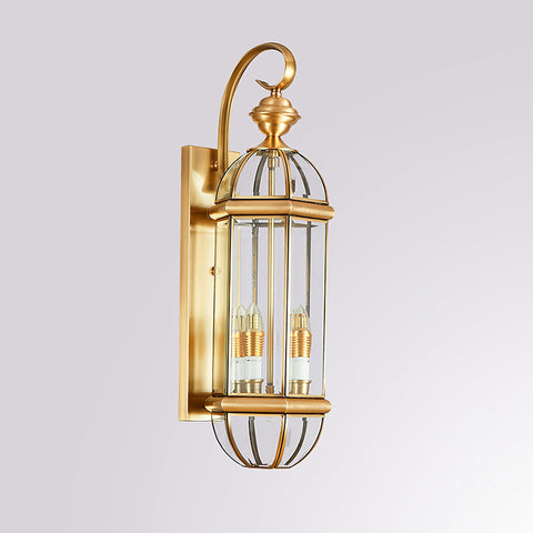 Outdoor Wall Light with Brass Frame and Glass Lantern Cage