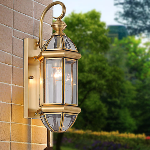 Outdoor Wall Light with Brass Frame and Glass Lantern Cage