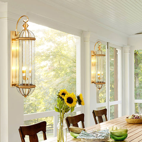 Outdoor Wall Light with Brass Frame and Glass Lantern Cage