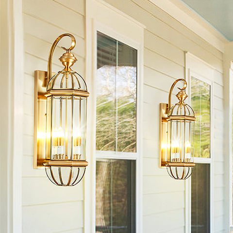 Outdoor Wall Light with Brass Frame and Glass Lantern Cage