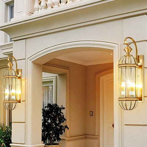 Outdoor Wall Light with Brass Frame and Glass Lantern Cage