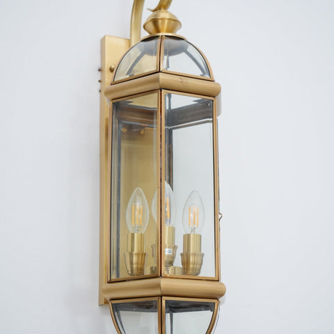 Outdoor Wall Light with Brass Frame and Glass Lantern Cage