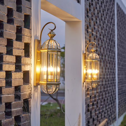 Outdoor Wall Light with Brass Frame and Glass Lantern Cage