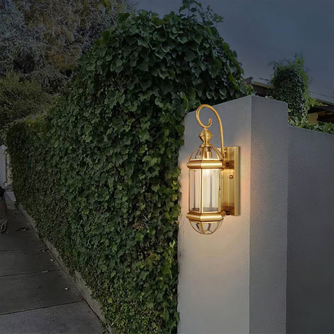 Outdoor Wall Light with Brass Frame and Glass Lantern Cage