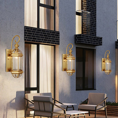 Outdoor Wall Light with Brass Frame and Glass Lantern Cage