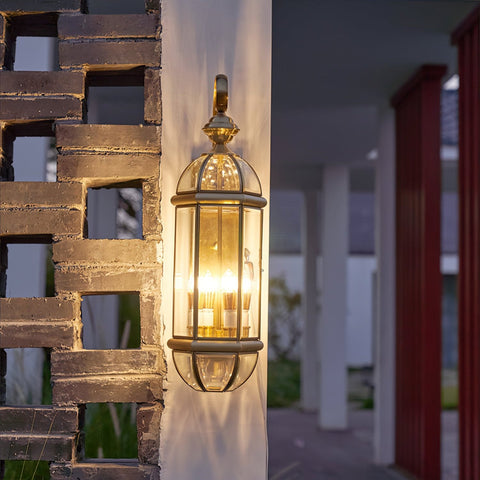 Outdoor Wall Light with Brass Frame and Glass Lantern Cage
