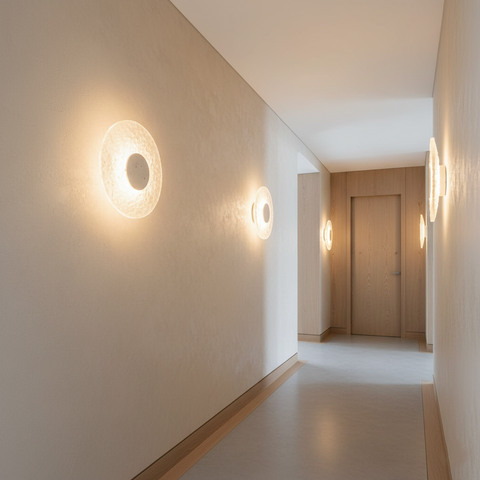 Modern Round Acrylic and Travertine LED Wall Lamp with Warm or Three-Color Lighting