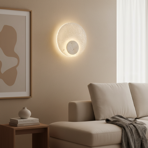Modern Round Acrylic and Travertine LED Wall Lamp with Warm or Three-Color Lighting