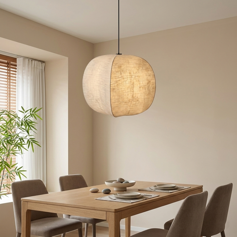 Pendant Light with Draped Fabric and Japandi Lantern Form