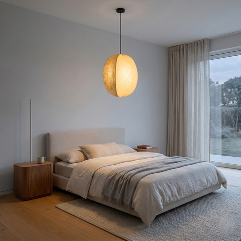 Pendant Light with Draped Fabric and Japandi Lantern Form