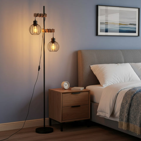 Vintage Wooden Floor Lamp – Industrial Metal Design for Living Room
