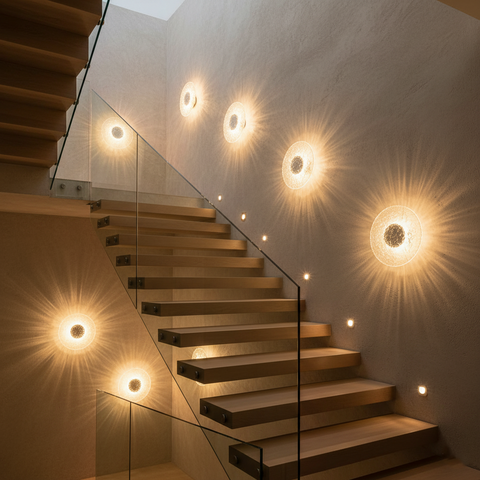 Modern Round Acrylic and Travertine LED Wall Lamp with Warm or Three-Color Lighting