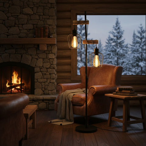 Vintage Wooden Floor Lamp – Industrial Metal Design for Living Room
