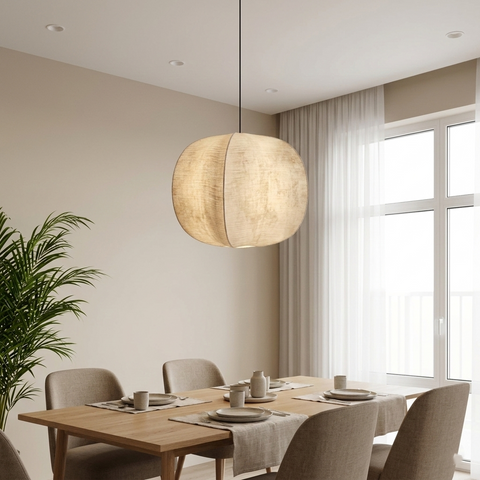 Pendant Light with Draped Fabric and Japandi Lantern Form