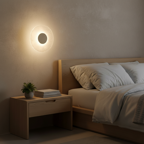 Modern Round Acrylic and Travertine LED Wall Lamp with Warm or Three-Color Lighting