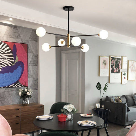Globe Chandelier with Glass Shades and Six or Eight Branching Arms