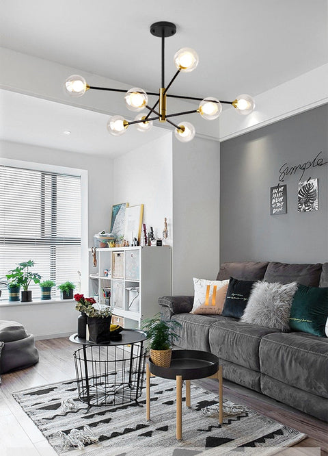 Globe Chandelier with Glass Shades and Six or Eight Branching Arms