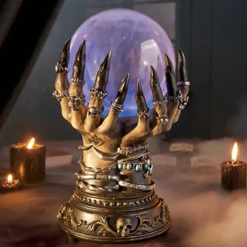Gothic Plasma Globe Table Lamp with Sculpted Hand Base and Decorative Light Display