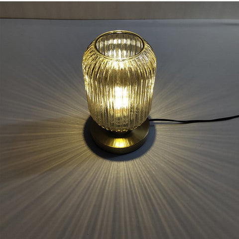 Ribbed Glass Table Lamp with Metal Base and Decorative Ambient Lighting