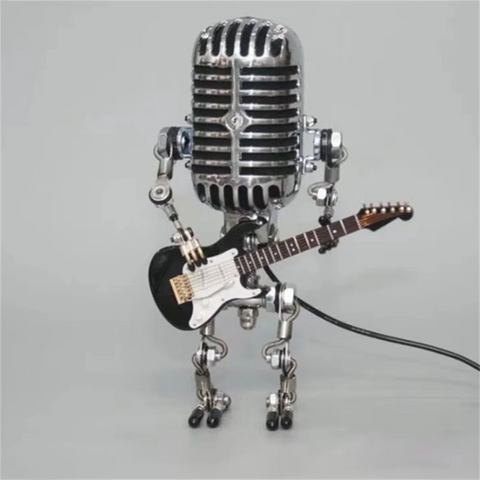 Retro Microphone Robot Table Lamp with Guitar Design and Decorative Metal Frame