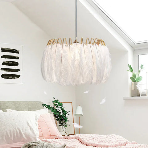 Feather Chandelier with Feathered Shade in Iron and Feathers