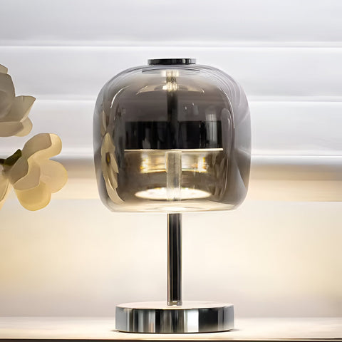 Smoked Glass Table Lamp with Metal Base and Touch Dimming for Modern Interiors