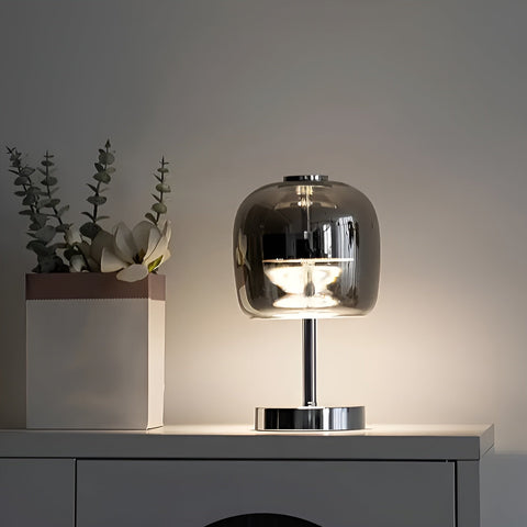 Smoked Glass Table Lamp with Metal Base and Touch Dimming for Modern Interiors