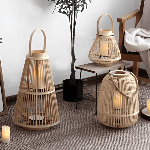 Woven Rattan Lantern with Handle and Flameless LED Candle for Decor