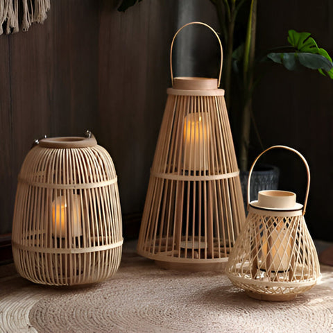 Woven Rattan Lantern with Handle and Flameless LED Candle for Decor