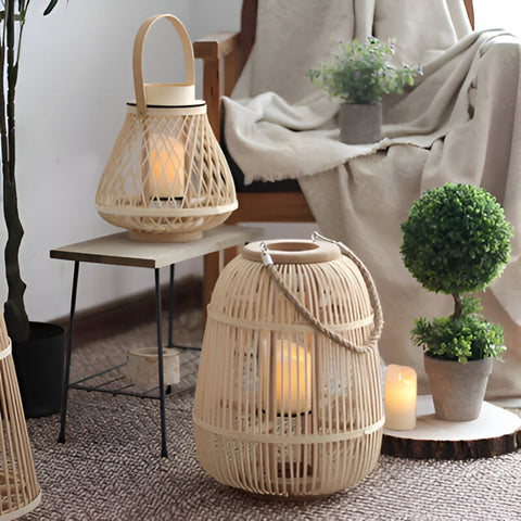 Woven Rattan Lantern with Handle and Flameless LED Candle for Decor