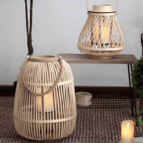 Woven Rattan Lantern with Handle and Flameless LED Candle for Decor