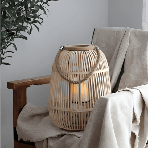 Woven Rattan Lantern with Handle and Flameless LED Candle for Decor