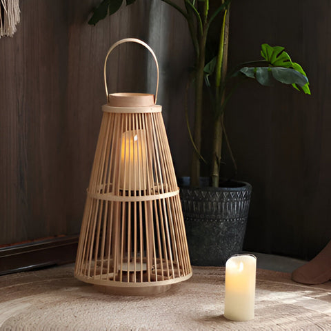 Woven Rattan Lantern with Handle and Flameless LED Candle for Decor