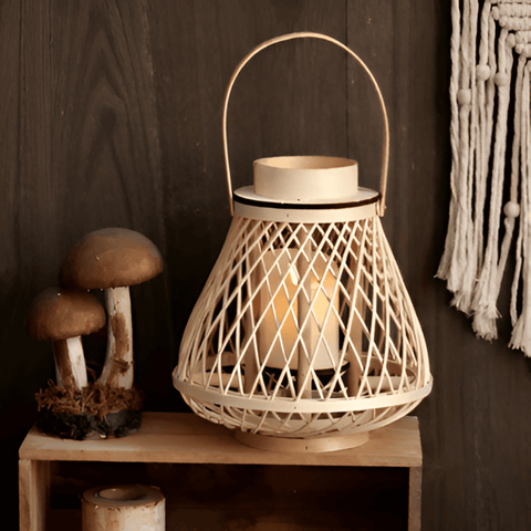 Woven Rattan Lantern with Handle and Flameless LED Candle for Decor