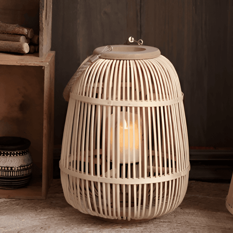 Woven Rattan Lantern with Handle and Flameless LED Candle for Decor
