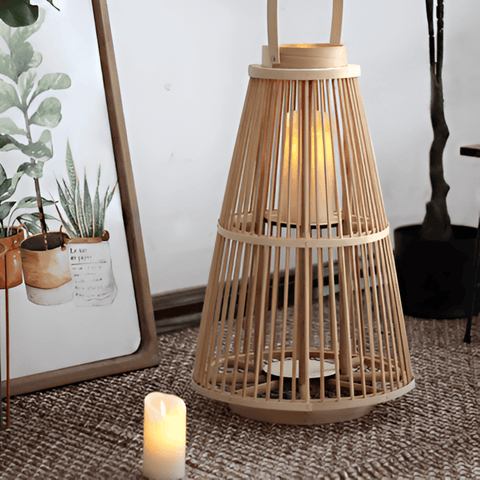 Woven Rattan Lantern with Handle and Flameless LED Candle for Decor