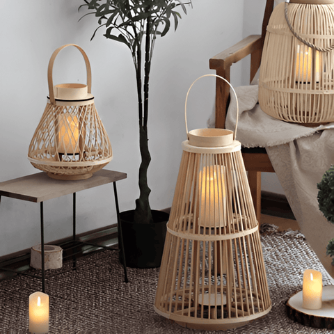 Woven Rattan Lantern with Handle and Flameless LED Candle for Decor