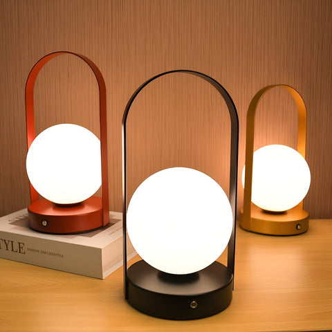 Rechargeable Orb Table Lamp with Arched Metal Frame and Touch Dimming Control